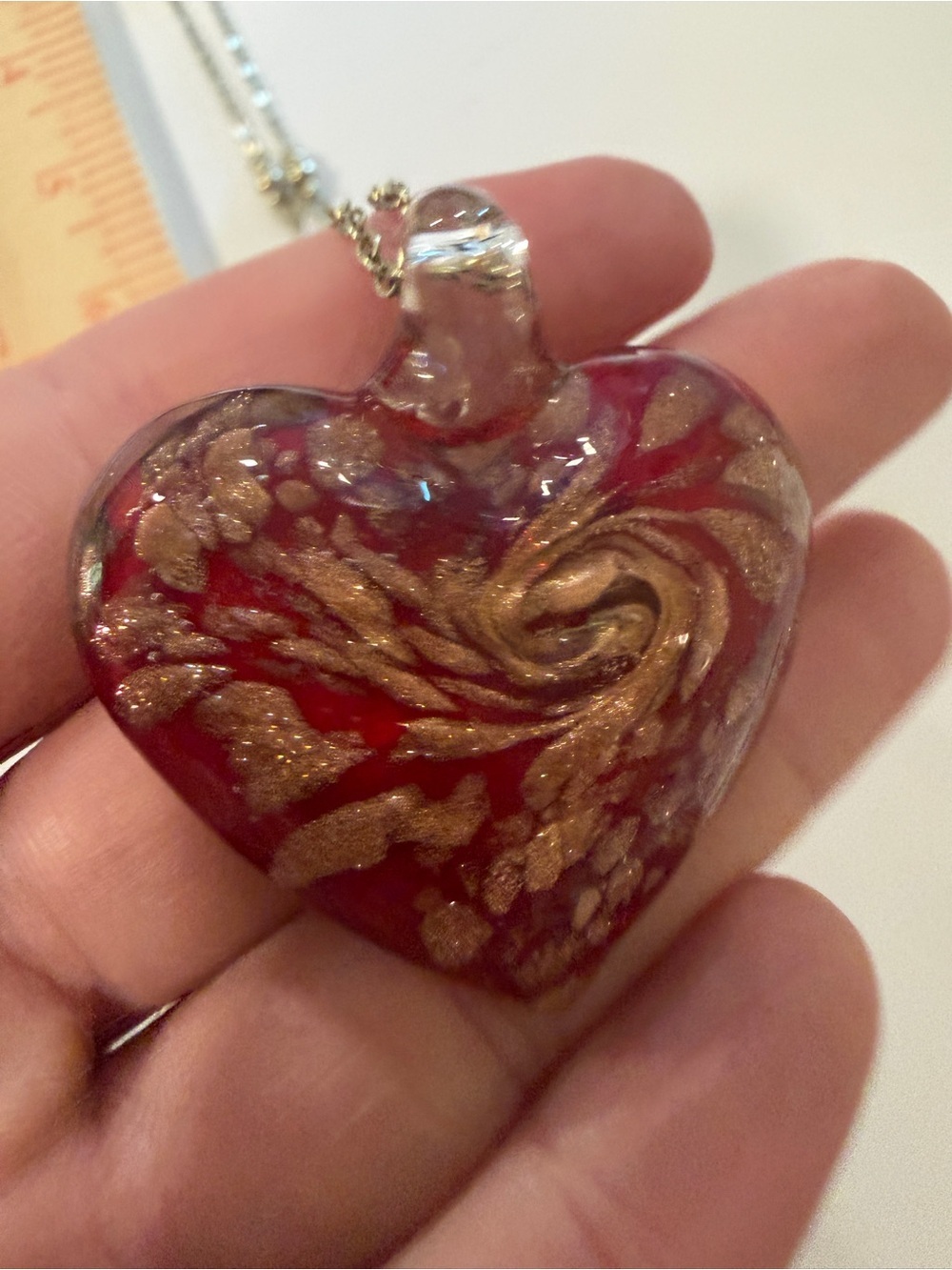 Vintage Red Heart Necklace with Gold Swirl Glass Pendant